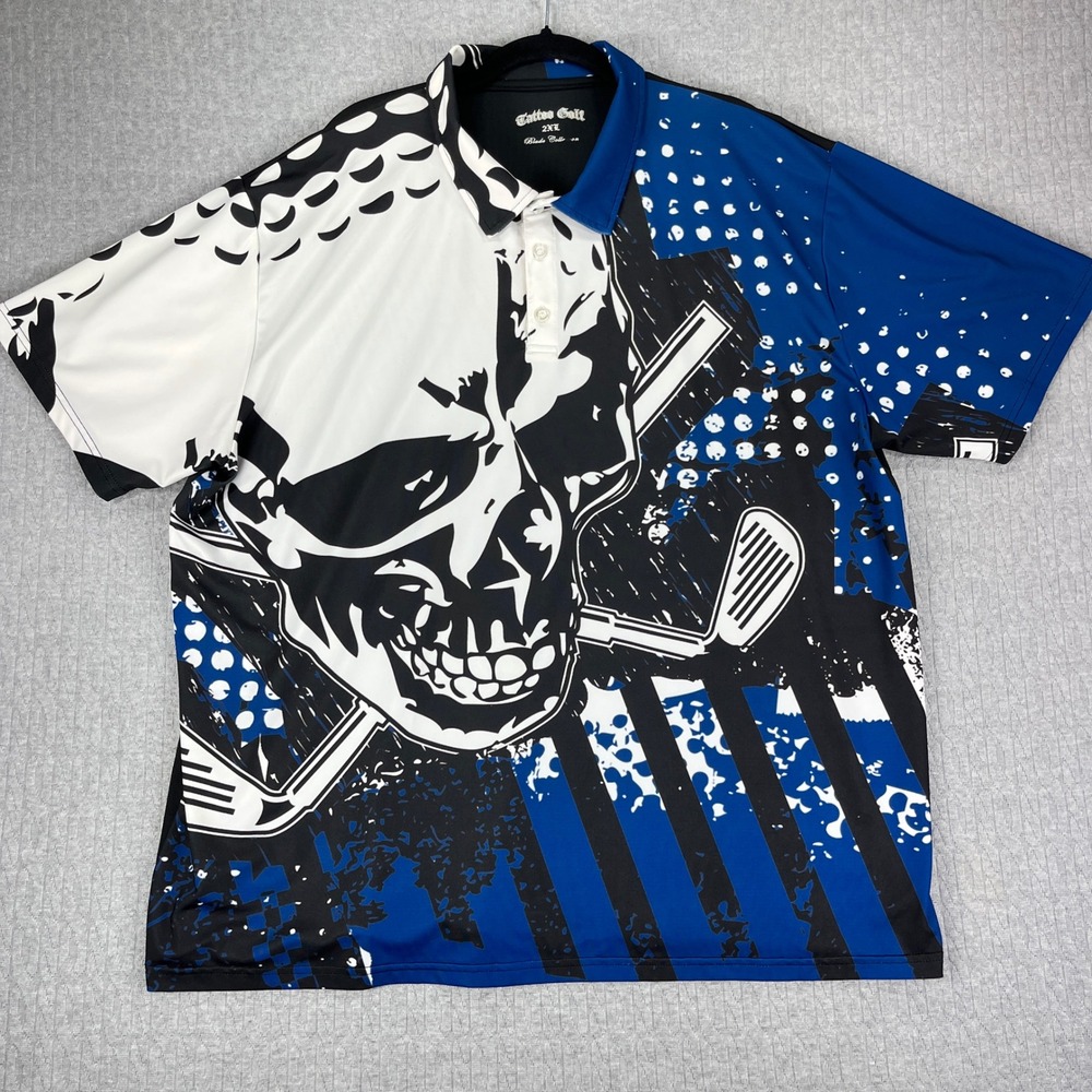 Tattoo Golf Polo Shirt Mens 2XL Blue Skull Blade Collection Performance Graphic
